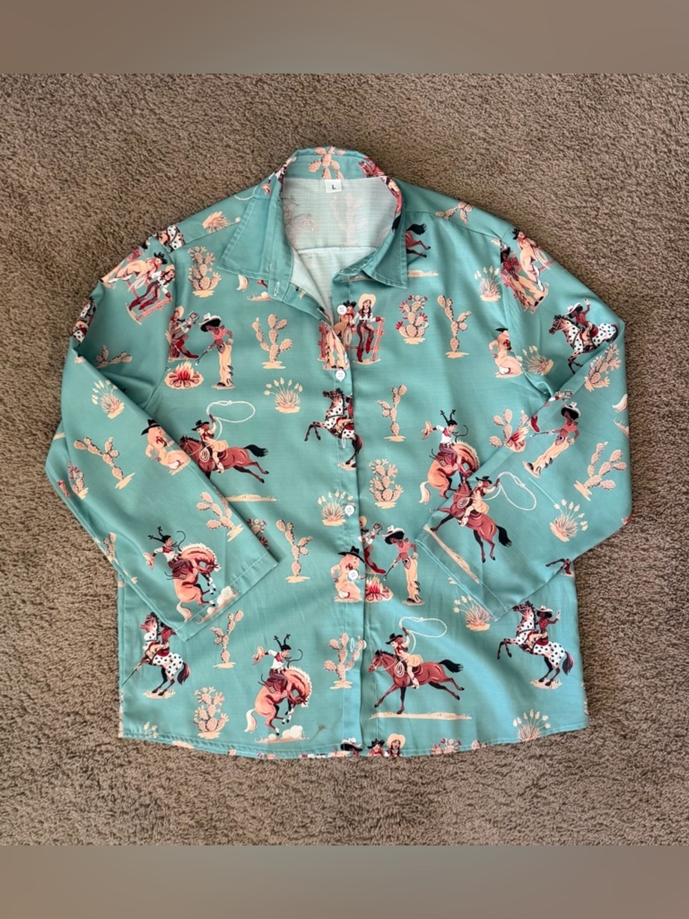 Turquoise Retro Western Print Button-Up Shirt, Women’s Size L
